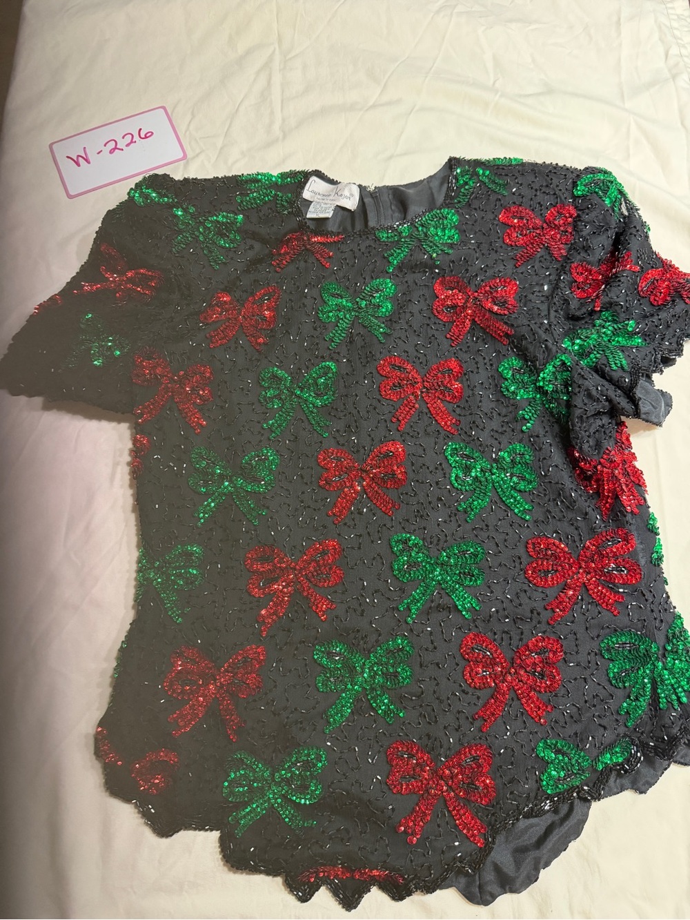 Lawrence Kazer vintage Festive Black Kids Sequin Bow Top - Red & Green